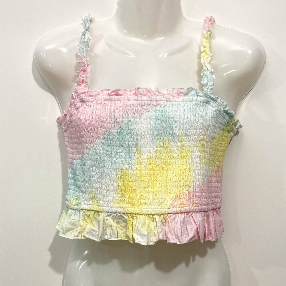 STORIA Womens Smoked Cropped Tank Top Straps Rainbow Pastel Ruffle Size L  Life